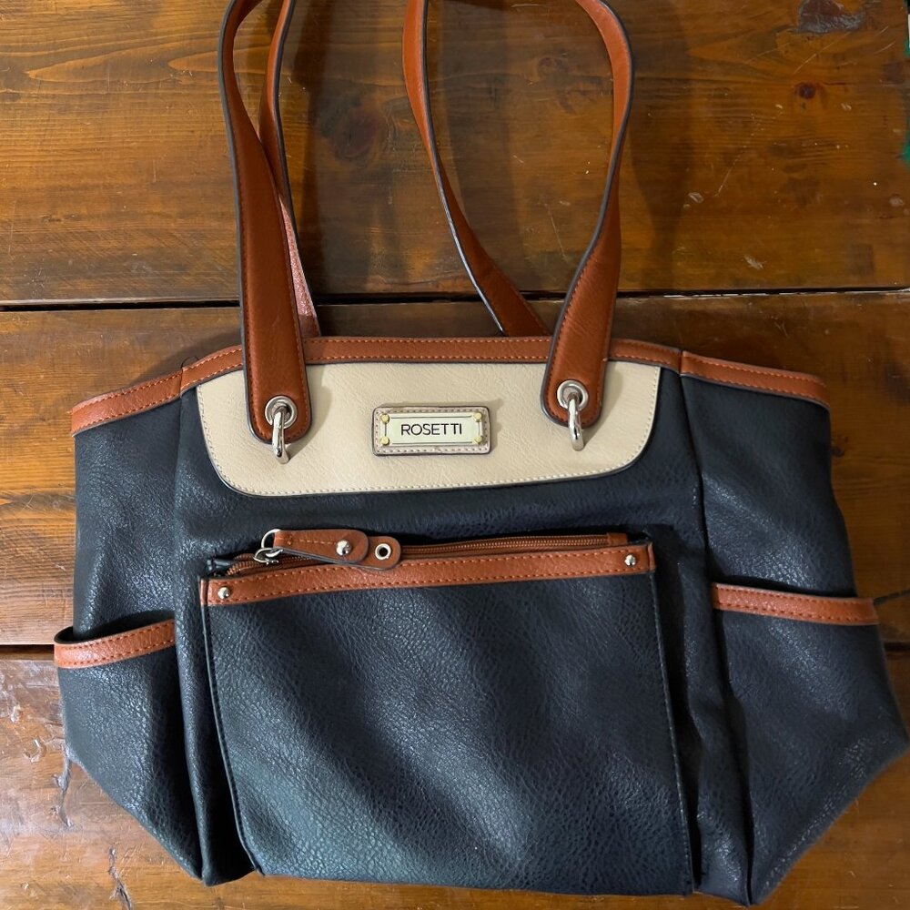 Rosetti Satchel Shoulder Bag Purse Double Handles Brown Black Cream